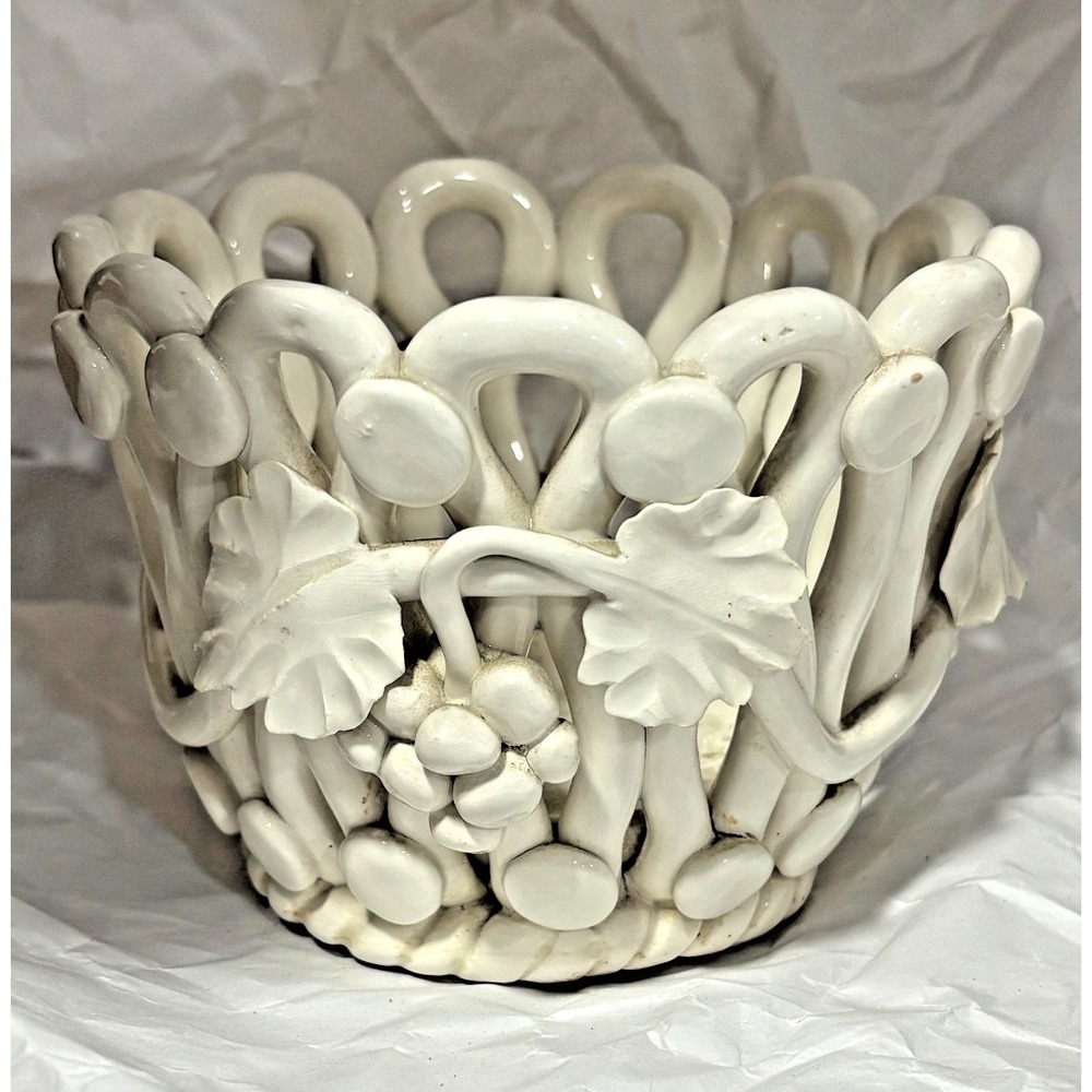 Vintage HTF Italian Art Pottery White Ceramic Handmade Grape Vine Fruit Bowl
